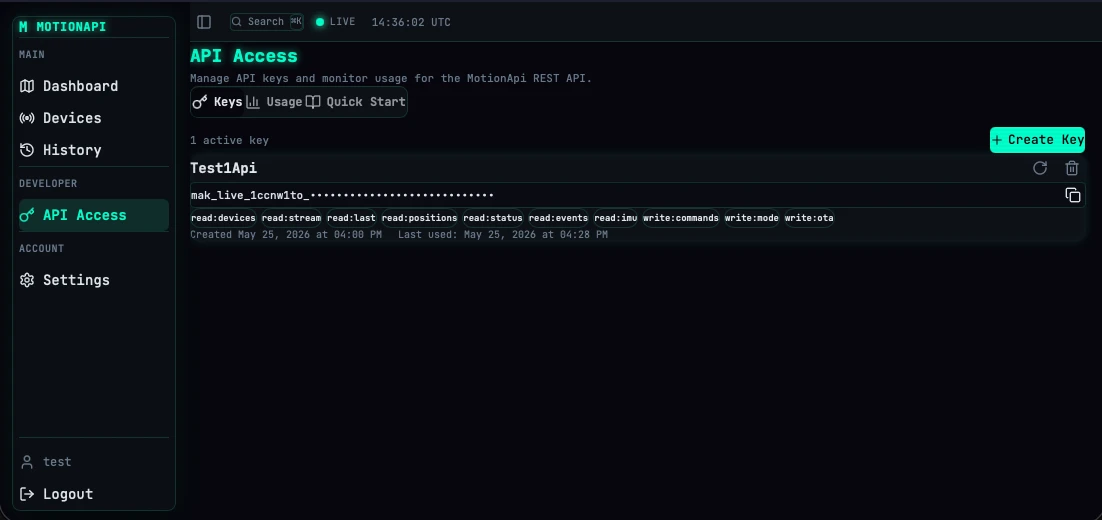 MotionApi API Access panel showing a masked API key, permission scopes, key rotation and revocation controls