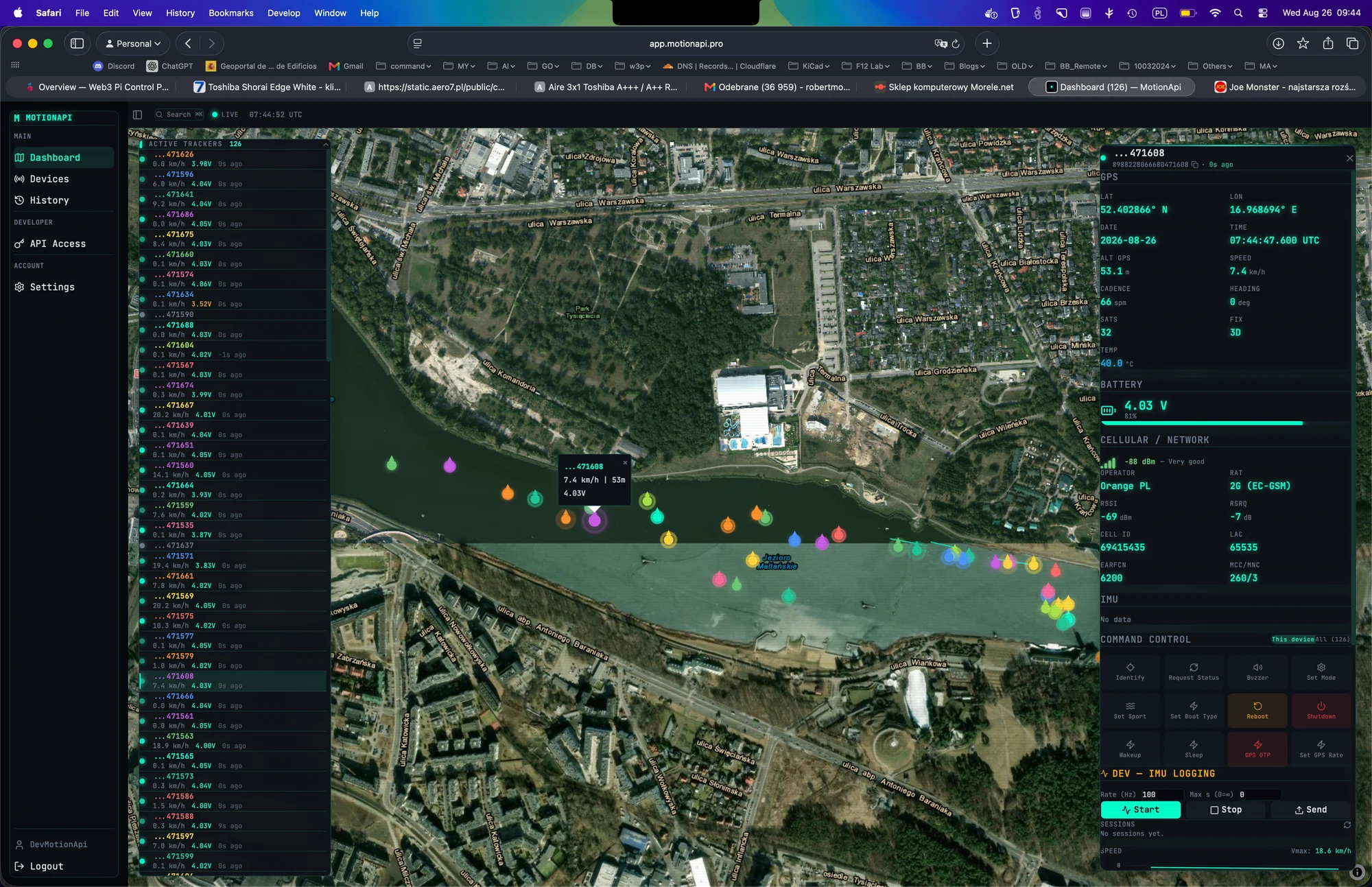 Actual MotionApi dashboard tracking a fleet of athletes on Lake Malta in Poznań, with a device list and live telemetry