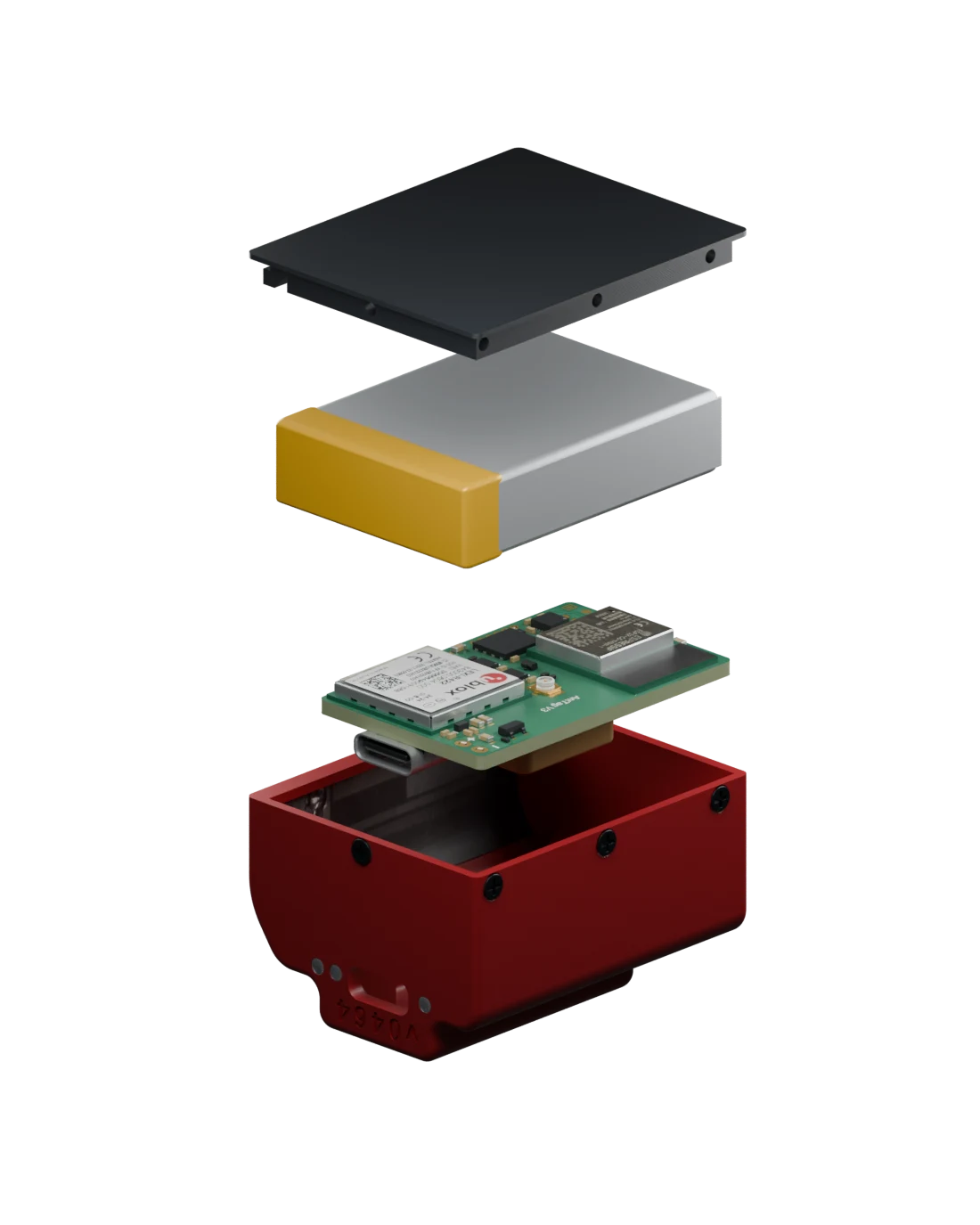 Inside the ANT Tracker: cover, rechargeable battery, custom electronics and red enclosure