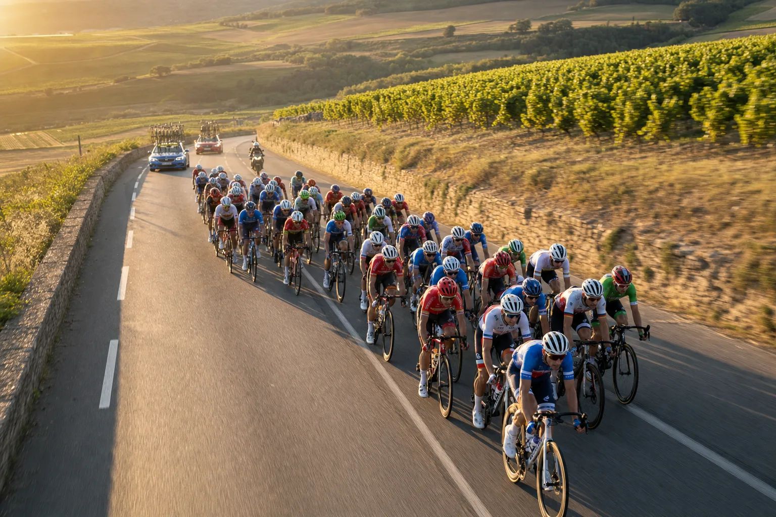 Illustration of a cycling peloton on a winding road