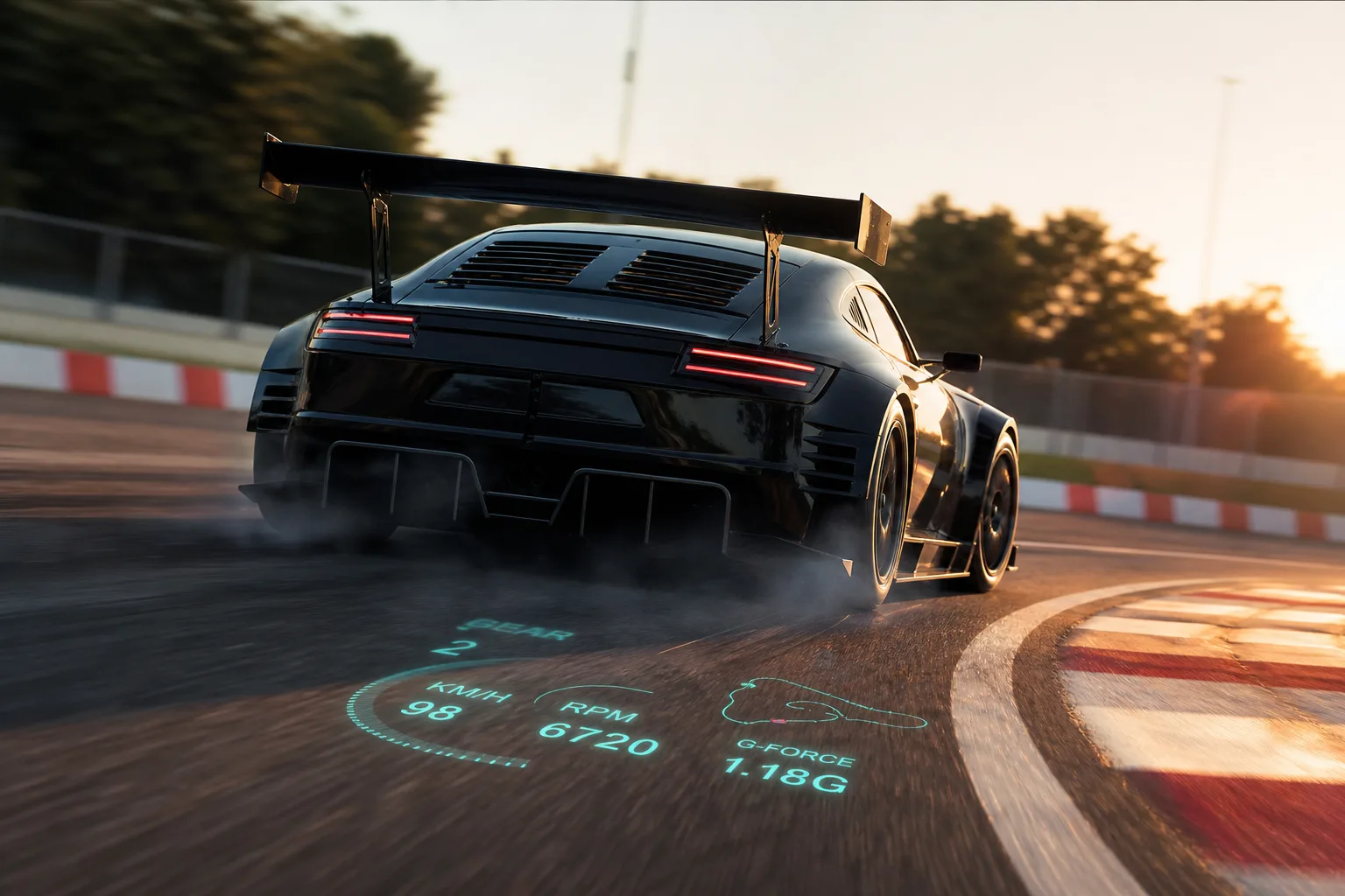 Illustration of a racing car on a circuit with conceptual telemetry graphics